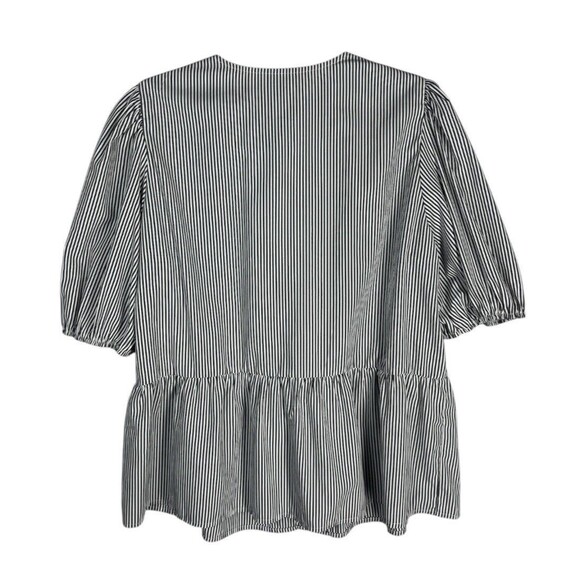 Pretty Garden Peplum Blouse XL Gray Tie Front Puff Sleeve Stripped Dressy Top - Picture 2 of 5